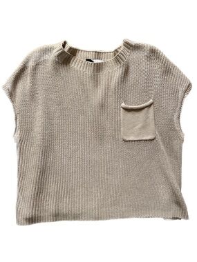 Beige Knit Short Sleeve Pocket Sweater - Women